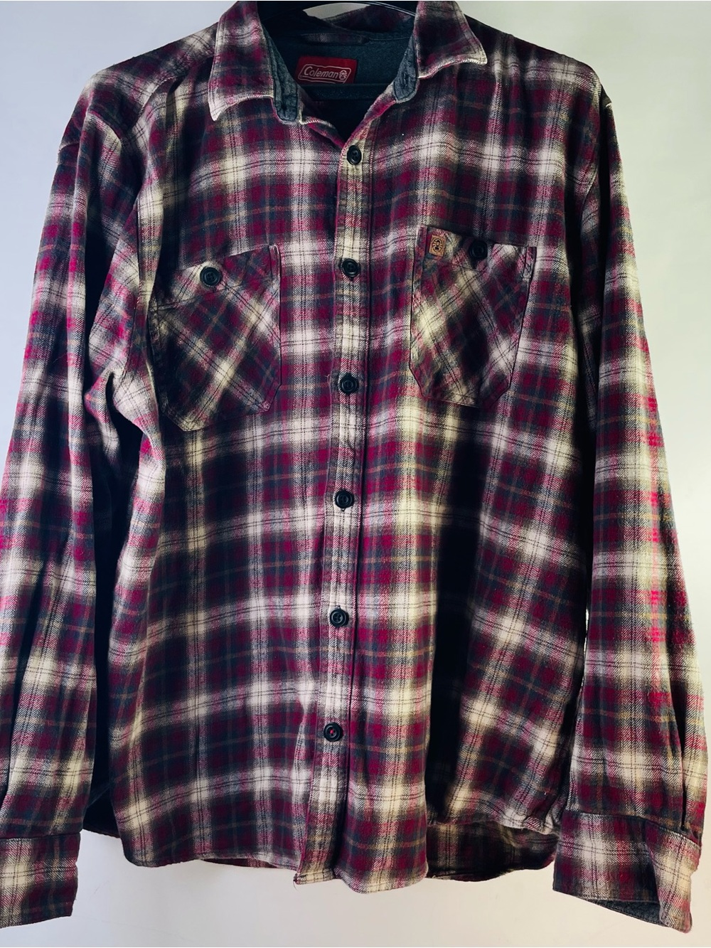 Vintage Coleman Men's Burgundy and Black Plaid Button-Down Shirt